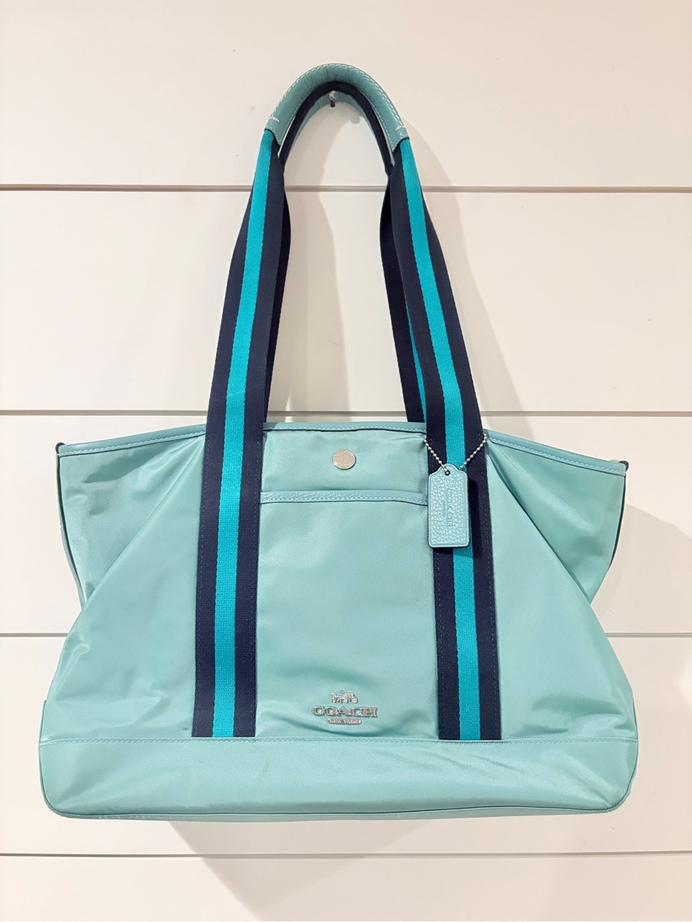 Coach Aqua Nylon Tote Bag Teal Stripe Coastal Preppy Sportcore Y2K